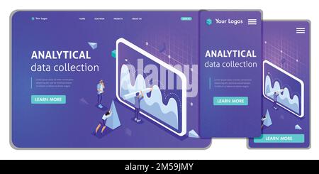 Website-Vorlage Startseite Isometrisches Konzept analytische Datenerfassung, Teamwork. Einfach zu bearbeiten und anzupassen, anpassbar. Stock Vektor