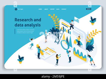 Website-Vorlage Landing page Isometrisches Konzept Geschäftsanalyse, beste statistische Tools für Forschung und Datenanalyse. Einfach zu bearbeiten und anzupassen. Stock Vektor