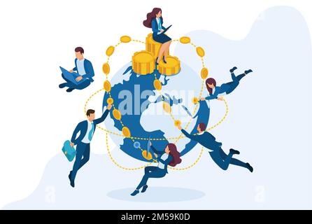 Isometrische internationale Investmentgesellschaft, Geschäftsleute fliegen um die Welt. Konzept für Webdesign. Stock Vektor
