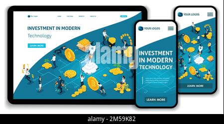Website-Vorlage Landingpage Isometrisches Konzept Investitionen in moderne Technologie tragen Investoren Geld zur Investmentgruppe. Einfach zu bearbeiten und anzupassen Stock Vektor