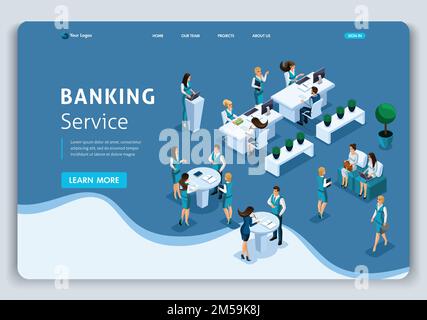 Website-Vorlage Landingpage Isometrisches Konzept Bankservice, Kundenservice. Einfach zu bearbeiten und anzupassen. Stock Vektor