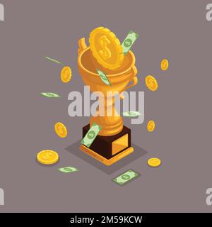 Trendige isometrische Objekte, 3D Pokal, Preis, Geldpreis, Geld fällt vom Himmel, Goldmünzen, Bargeld Dollars, viel Geld ist isoliert auf einem dunklen Hintergrund Stock Vektor
