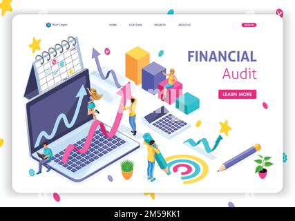 Website-Vorlage Landingpage Isometrisches Konzept Finanzmanagement, Finanzaudit, Planung und Strategie. Einfach zu bearbeiten und anzupassen. Stock Vektor