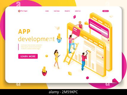 Website-Vorlage Landing Page Isometrisches Konzept die Mitarbeiter arbeiten in der Webbranche zusammen. App-Entwicklung. Einfach zu bearbeiten und anzupassen. Stock Vektor