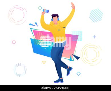 Junger Mann, der mit seinem Handy zur Musik tanzt. Tanzlehrer, Tektonik, Freestyle, R & B. Webdesign für Tanztraining. Stock Vektor