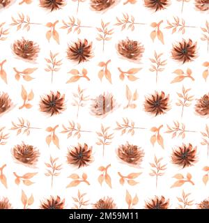 Nahtloses Aquarellmuster mit Blümchen in Braun. Moderne Farben. Handgemalte Muster mit Blumen- und Blattmuster. Stockfoto