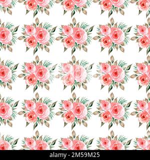 Nahtloses Aquarellmuster mit zarten Blumen in roten und grauen grünen Blättern. Handgemalte Muster mit Blumen und Grün. Stockfoto