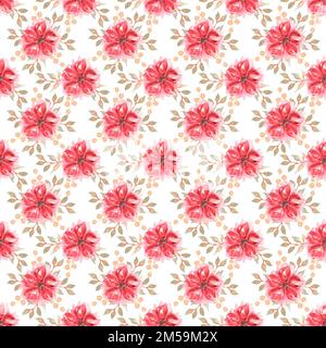 Nahtloses Aquarellmuster mit roten Blumen und beigen Blättern . Handgezeichneter Druck mit zarten Blumen und Blättern. Stockfoto