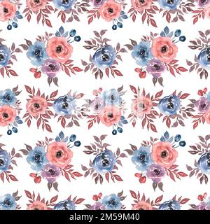 Nahtloses Aquarellmuster mit Blümchen in Blau und Rot. Handgezeichneter Druck mit zarten Blumen und Blättern. Stockfoto