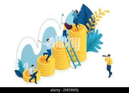 Isometrisch die erfolgreiche Zunahme der Investitionen, die Jungunternehmer untersuchen die Indikatoren. Konzept für Webdesign. Stock Vektor
