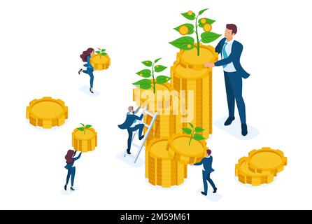 Isometrische Investitionslösungen für Einkommenswachstum, kleine Triebe wachsen zu großen. Konzept für Webdesign. Stock Vektor