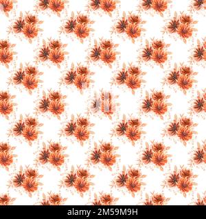 Nahtloses Aquarellmuster mit Blümchen in braun-roten Farben. Handgezeichneter Druck mit zarten Blumen und Blättern. Stockfoto