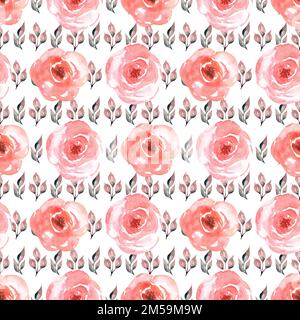 Nahtloses Aquarellmuster mit Blumen in rosa Rot. Handgezeichneter Druck mit zarten Blumen und Blättern. Stockfoto