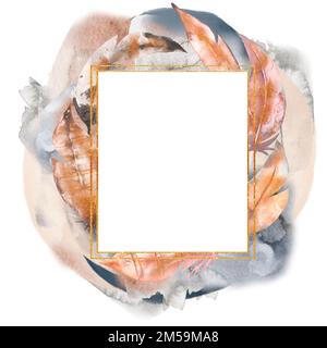 Von Hand gezeichnete, abstrakte Federn in Aquarellfarben. Schöner, zarter Rahmen in neutralen, trendigen Farben. Elegantes Design für Einladungen, Hochzeiten Stockfoto