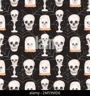 Aquarell Halloween nahtloses Muster, Scary Party Muster, Scull, Spinnennetz, Schwarzer gotischer Hintergrund. Stockfoto