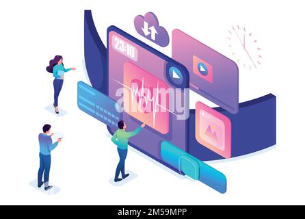 Isometrisches Bright-Konzept das Team testet ein neues Gerät, die Smartwatch. Konzept für Webdesign. Stock Vektor
