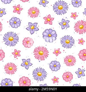 Vector Holiday Flowers Nahtloses Muster, quadratischer, sich wiederholender Hintergrund mit ausgeschnittenen Illustrationen Violette Petunien Blume und Rosenfarbe march Dais Stock Vektor