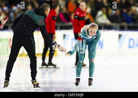 HERENVEEN - Marijke Groenewoud reagiert nach 3000 Metern am ersten Tag des NK Allround. ANP VINCENT JANNINK niederlande raus - belgien raus Stockfoto