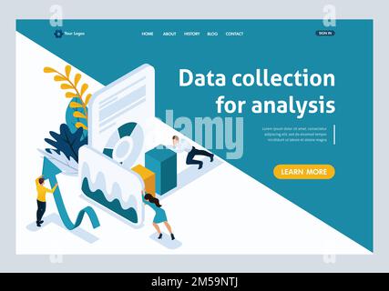 Website-Vorlage Landingpage Isometrisches Konzept Datenerfassung für Analysen, Personen in Arbeit. Einfach zu bearbeiten und anzupassen. Stock Vektor