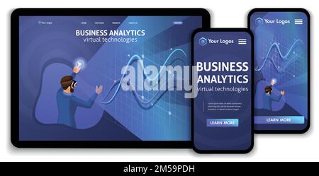 Landing-Page Isometrisches Konzept Geschäftsanalyse, virtuelle Technologien. Design der Website-Vorlage. Einfach zu bearbeiten und anzupassen, Responsive ui ux. Stock Vektor