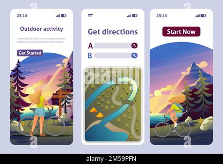 Seitenvorlage Mobile App.Aktive Erholung im Wald. Wählen Sie Route für eine Radtour. Flache 2D-Zeichen-Anzeige. Stock Vektor