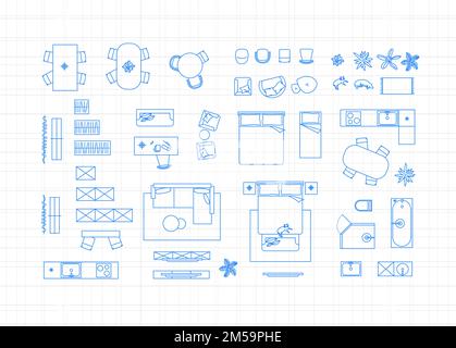 Bauzeichnung Möbelsymbole für Wohnzimmer, Badezimmer, Küche, Schlafzimmer Zeichnung auf hellem Hintergrund. Stock Vektor
