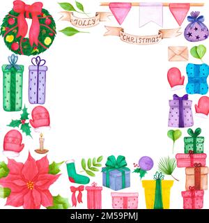 Handgezeichneter Rahmen in Aquarellfarben mit weihnachtselementen. Symbol für Weihnachten und Neujahr, dekoratives Element. Sammelalbum, Poster, Etikett, Banner, Postkarte Stockfoto