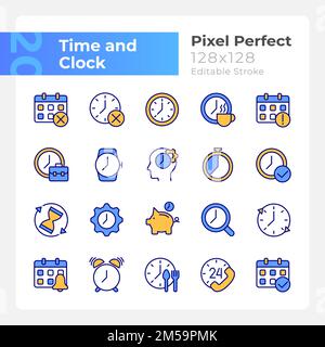 Zeit- und Uhrpixel-perfekte RGB-Farbsymbole eingestellt Stock Vektor