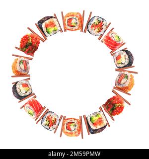 Runder Rahmen mit japanischem Essen in Aquarellfarben. Handgezeichnete Darstellung von Sushi, Maki, Brötchen. Hintergrund für Menü, Verpackung und Produktdesign. Stockfoto