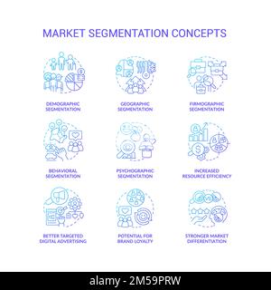 Marktsegmentierung Symbolsatz für blaue Gradientenkonzepte Stock Vektor