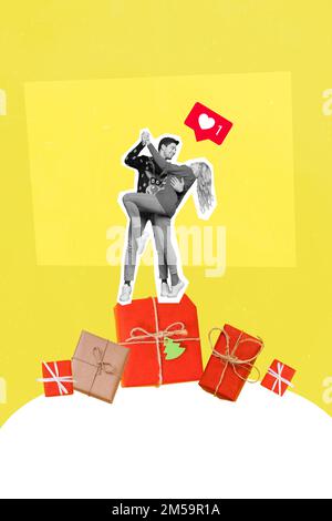 Vertikales Collage-Bild von zwei schwarzen weißen Farben Menschen umarmen Tanzständer großes Geschenkpaket wie Benachrichtigung isoliert auf kreativem Hintergrund Stockfoto