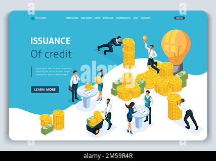 Website-Vorlage Landing page Isometrisches Konzept Kreditausgabe, Kundenservice in Bank, Servicehalle, Bankklinken. Einfach zu bearbeiten und anzupassen. Stock Vektor