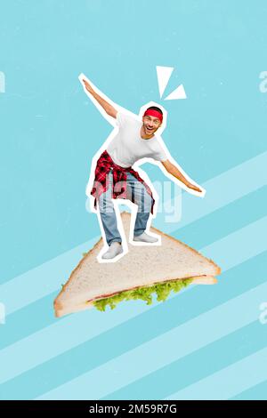 Fotokunst Minimalcollage Bild eines lustigen, flippigen Kerls, der Sandwich fliegt, isolierter Zeichnungshintergrund Stockfoto