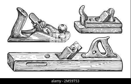 Hobel altes Holzverbindungswerkzeug. Holzbearbeitungsgeräte im Retro-Stil isoliert. Handgezeichnete Zeichnung in einem Vintage-Stil Stockfoto