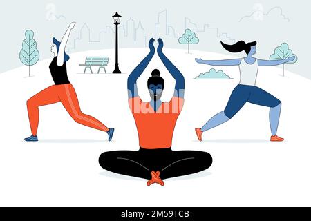 Yoga im Park – Abbildung eines flachen Vektors. Glückliche Leute in Sportswear Cartoon-Figuren. Junge Männer und Frauen in verschiedenen Positionen. Frischluftübung, heilen Stock Vektor