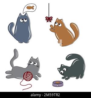 Ein Set mit niedlichen bunten Katzenfiguren mit schwarzem Umriss, Kritzelstil und isolierter Vektordarstellung. Stock Vektor