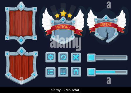 Set aus Stein und Holz Schild, Rahmen mit Edelsteinen, Preisband, Wings Game Victory Board Menü und Set Ikonen im Cartoon-Stil isoliert im Hintergrund. Magischer königlicher Aktivposten, Vorlage. Vektordarstellung Stock Vektor