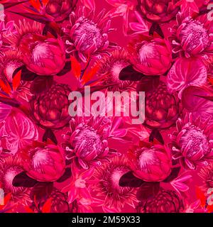 Nahtloses Protea-Muster. Viva Magenta Color Trendige Farbe 2023. Aquarell-realistische Blüten von protea und Anthurium. Hintergrund der Illustration. Stoff Stockfoto