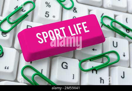 Schild mit Sport Life. Ein Wort, das auf sportliche Aktivitäten oder andere körperliche Aktivitäten im Freien geschrieben wurde Stockfoto