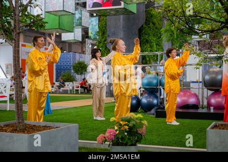 Eine Gruppe von Menschen, die gemeinsam Qigong-Übungen auf der Ausstellung machen Stockfoto