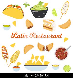 Restaurantvorlage für Lateinamerika für Website, Menü, Poster. Traditionelle lateinamerikanische Gerichte in handgezeichneter, flacher folkloristischer Küche. Stock Vektor