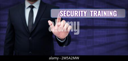 Textunterschrift zur Präsentation der Sicherheitsschulung. Geschäftsansatz, der Endbenutzern Schulungen zum Sicherheitsbewusstsein bietet Stockfoto