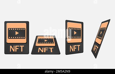 3D Token-NFT-Karten in kryptografischem Bildmaterial. NFT-Karte mit Video in Perspektive, Draufsicht in isometrischer und Frontalansicht. Nicht fungierbares Token mit Informationen Stock Vektor