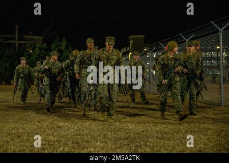 USA Marines mit 2D. Bataillon, 8. Marineregiment, 2D. Division, kommen aus Japan nach Hause, Camp Lejeune, North Carolina, 14. Februar 2021. Die Marines kehrten zurück, nachdem sie im 4. Marineregiment, 3D. Division, im Indo-Pazifik-Raum stationiert waren. Stockfoto