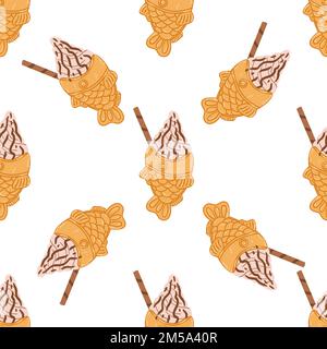 Nahtloses Muster mit Fischeis in Taiyaki-Form im flachen Cartoon-Stil. Handgezeichneter Vektorhintergrund mit traditioneller japanischer Küche, süß, de Stock Vektor