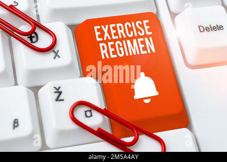 Schild zeigt Übungsplan an. Geschäftskonzept Körper energetisch bewegen, um fit und gesund zu werden Stockfoto