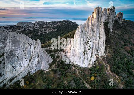 Flug über die Dentelles de Montmirail bei Sonnenaufgang in der Provence Frankreich Stockfoto