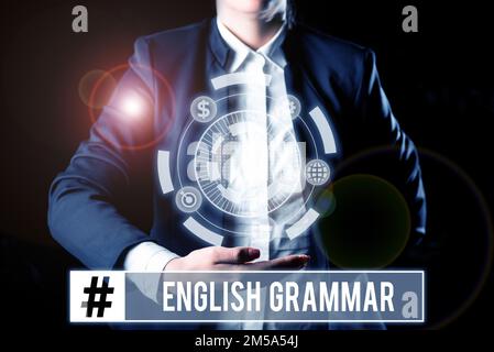 Inspiration mit Zeichen für englische Grammatik. Die Kurse zum Geschäftsansatz decken alle Ebenen der englischen Sprache und des Schreibens ab Stockfoto