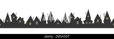Black House Row nahtloser Rahmen. Schwarze Silhouette von Vector City auf weißem Hintergrund. Stock Vektor