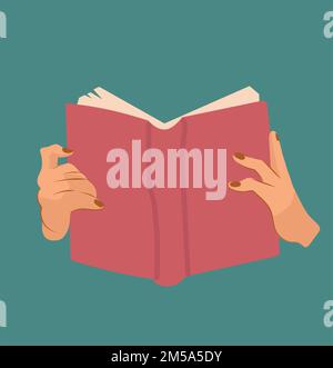 Vektordarstellung menschlicher Hände, die ein offenes Buch halten. Zurück in die Schule, Bildung, Alphabetisierungstag. Buchklub-Mitglied. Ein Gedichtliebhaber. Zeit zum Lesen. Buchladen, Bibliothek. Morgenseiten, Tagebuch Stock Vektor